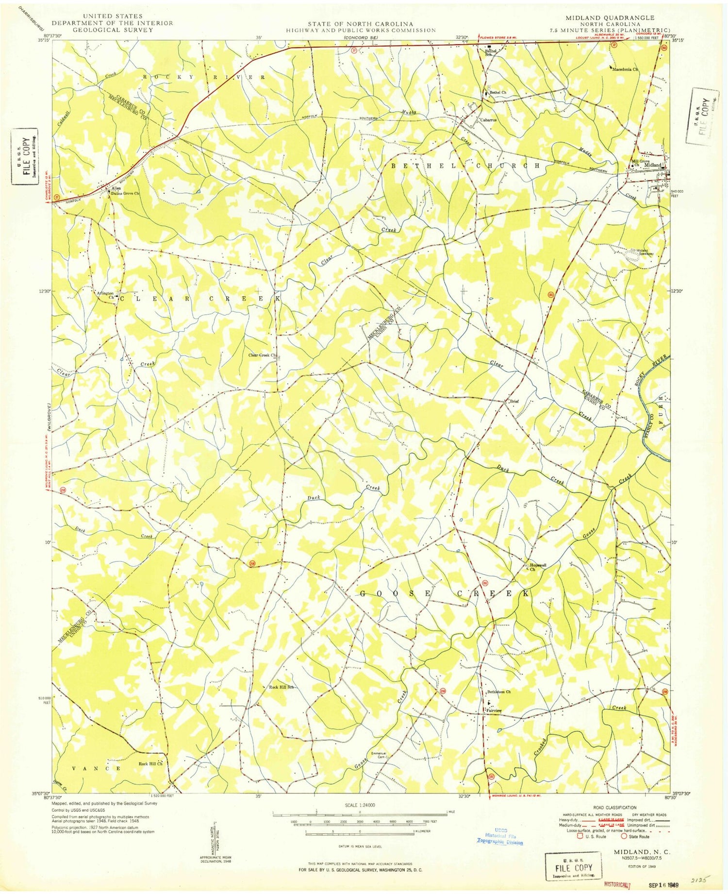 Classic USGS Midland North Carolina 7.5'x7.5' Topo Map Image