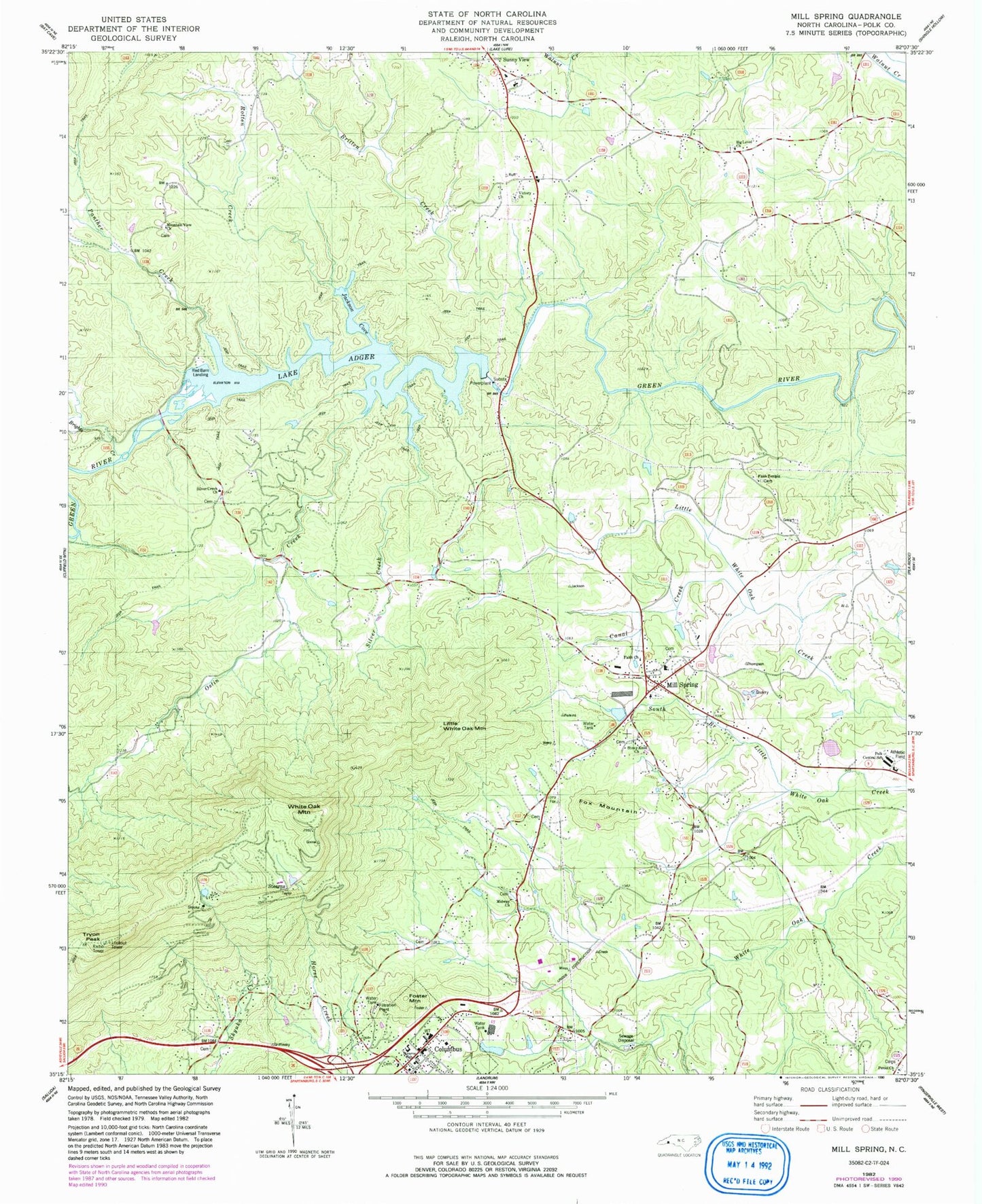 Classic USGS Mill Spring North Carolina 7.5'x7.5' Topo Map Image