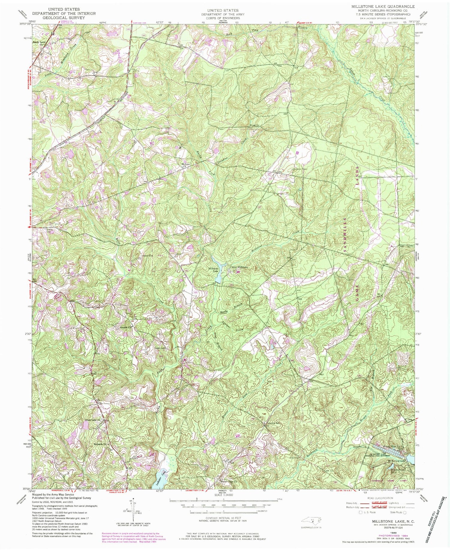 Classic USGS Millstone Lake North Carolina 7.5'x7.5' Topo Map Image