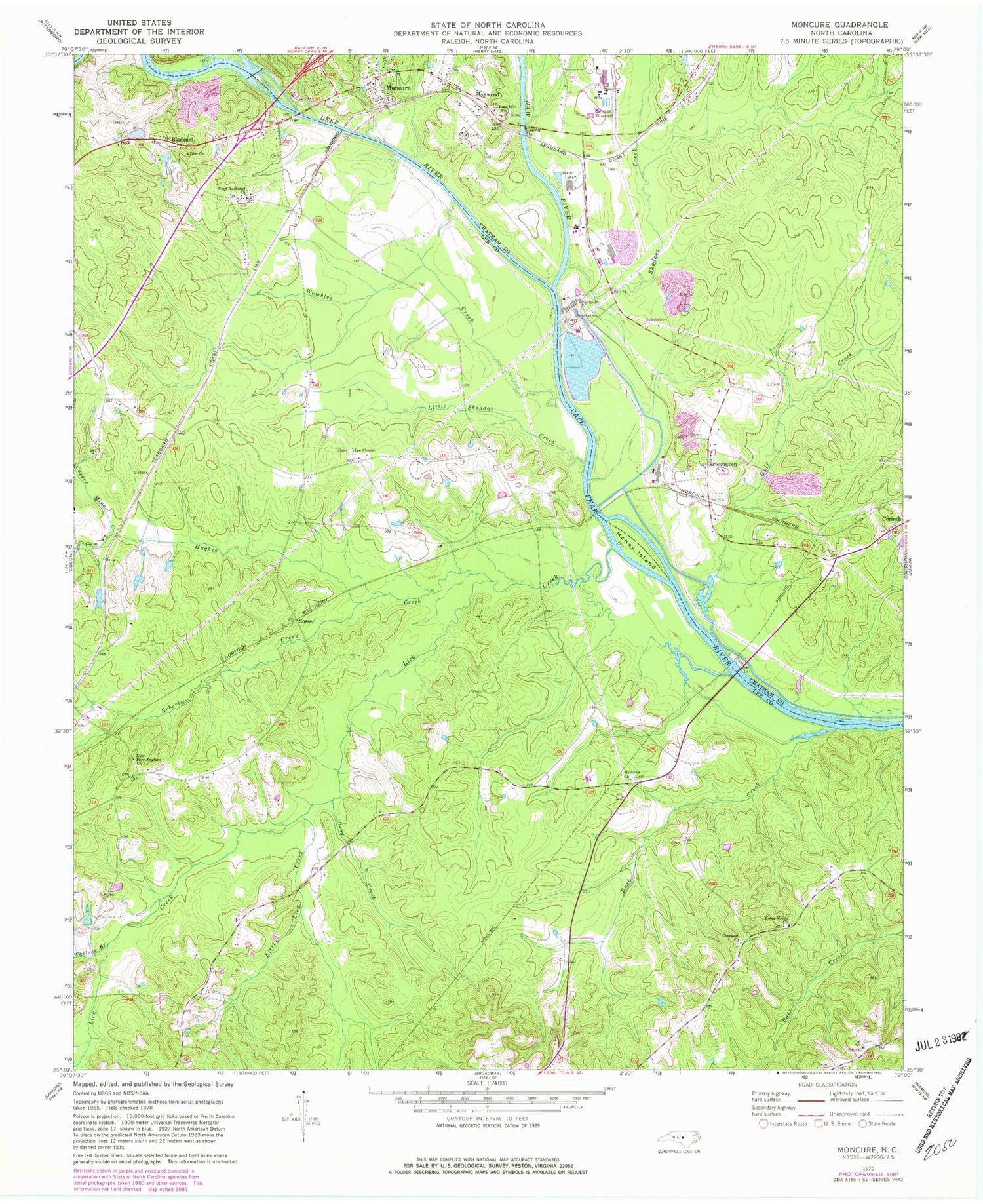 Classic USGS Moncure North Carolina 7.5'x7.5' Topo Map Image