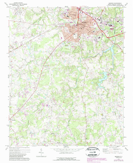 Classic USGS Monroe North Carolina 7.5'x7.5' Topo Map Image