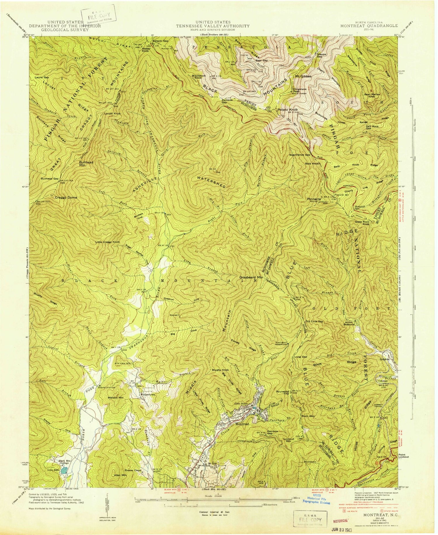 Classic USGS Montreat North Carolina 7.5'x7.5' Topo Map Image
