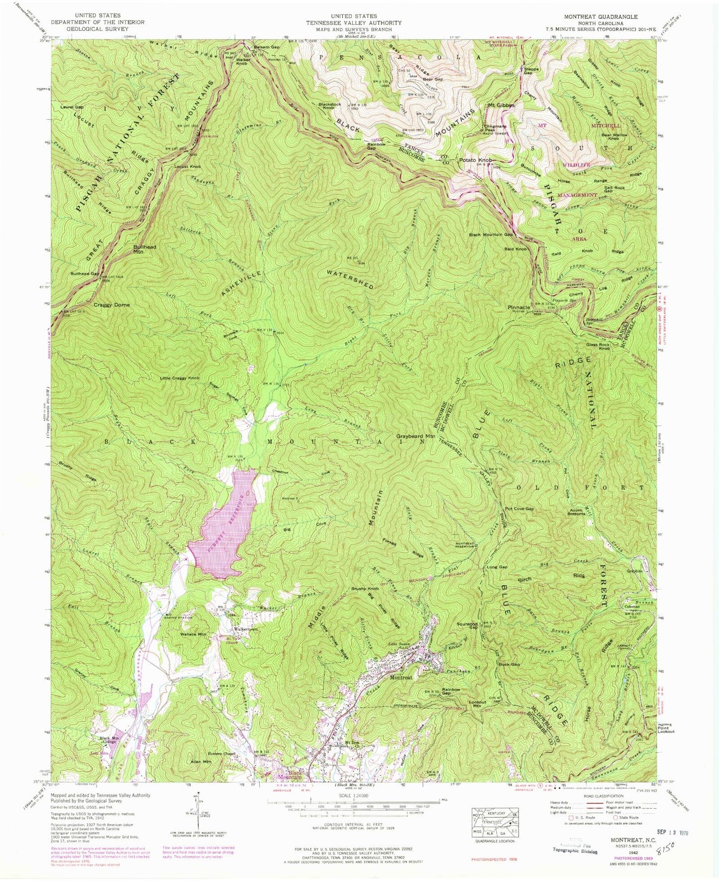 Classic USGS Montreat North Carolina 7.5'x7.5' Topo Map Image