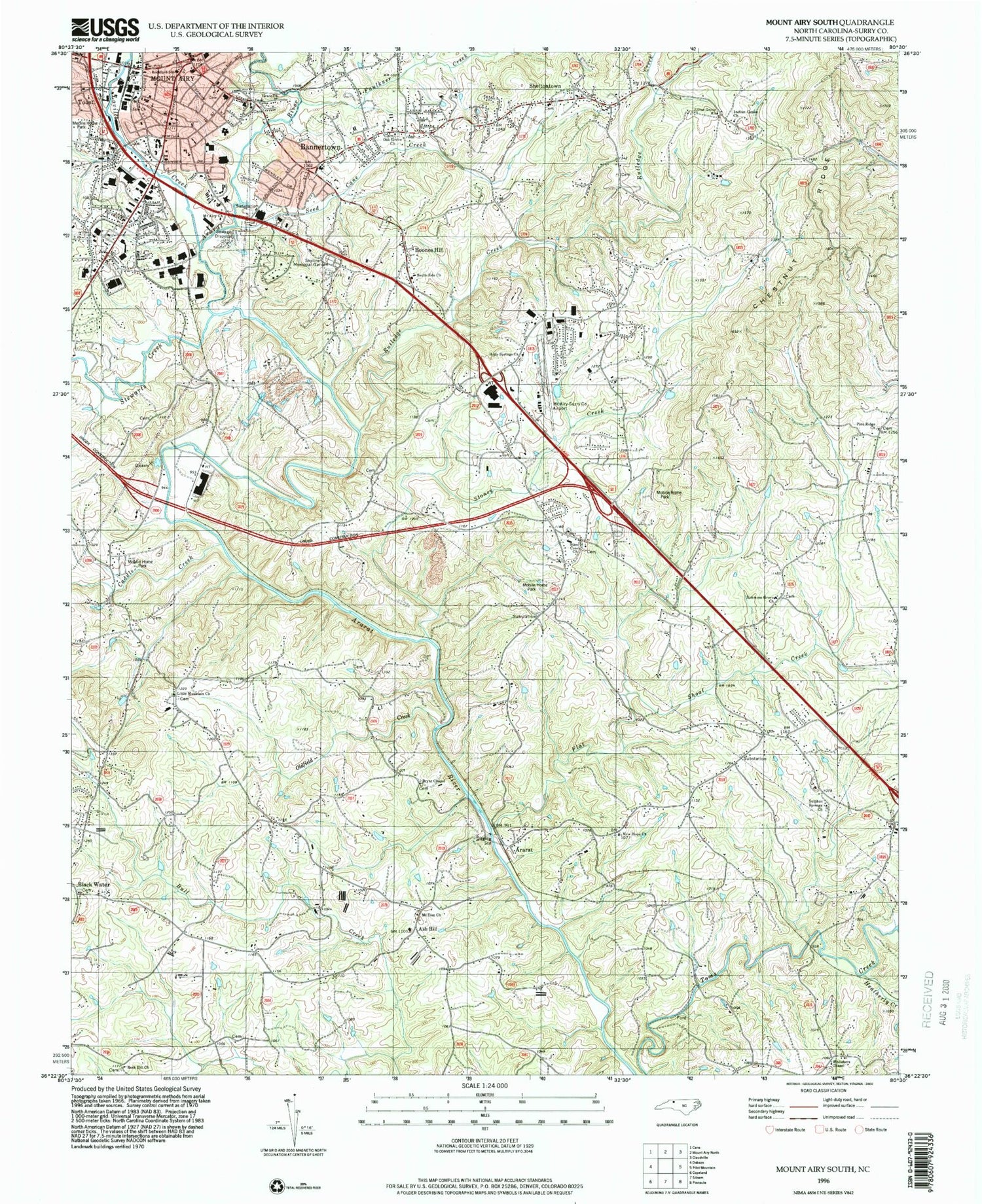 Classic USGS Mount Airy South North Carolina 7.5'x7.5' Topo Map Image