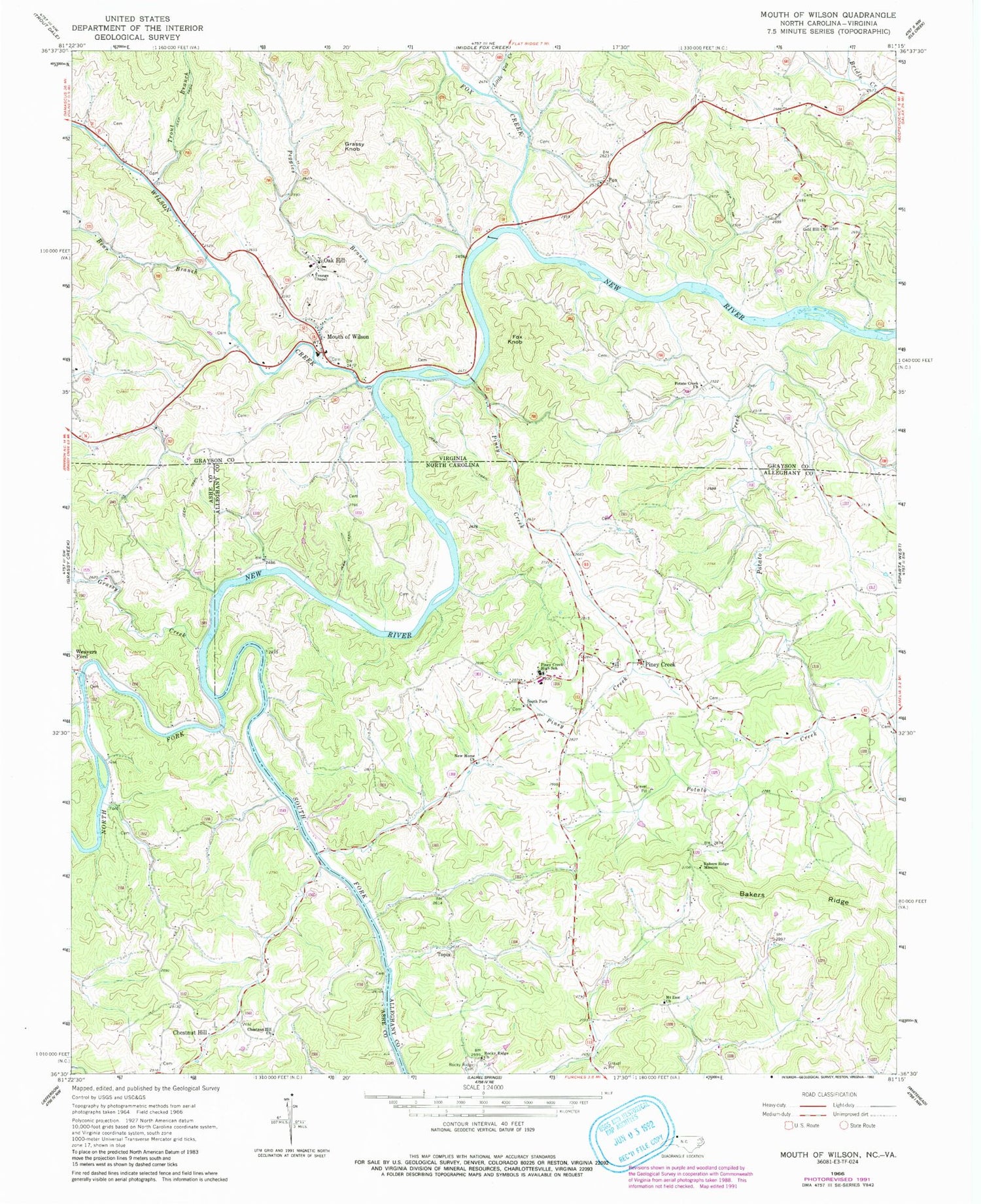 Classic USGS Mouth of Wilson Virginia 7.5'x7.5' Topo Map Image
