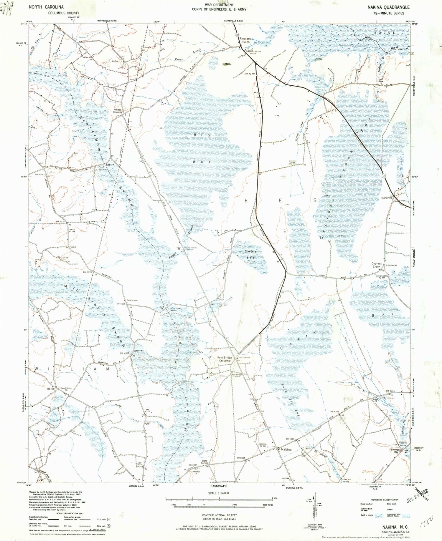 Classic USGS Nakina North Carolina 7.5'x7.5' Topo Map Image