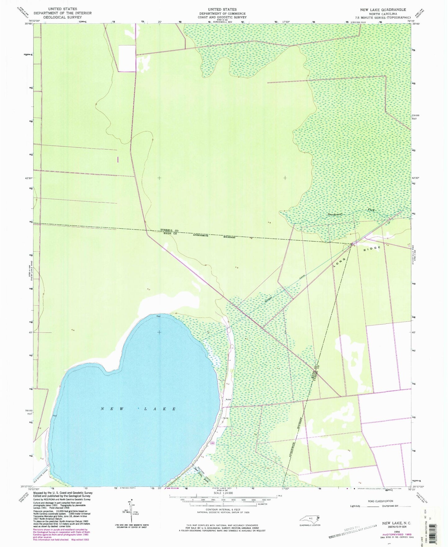 Classic USGS New Lake North Carolina 7.5'x7.5' Topo Map Image