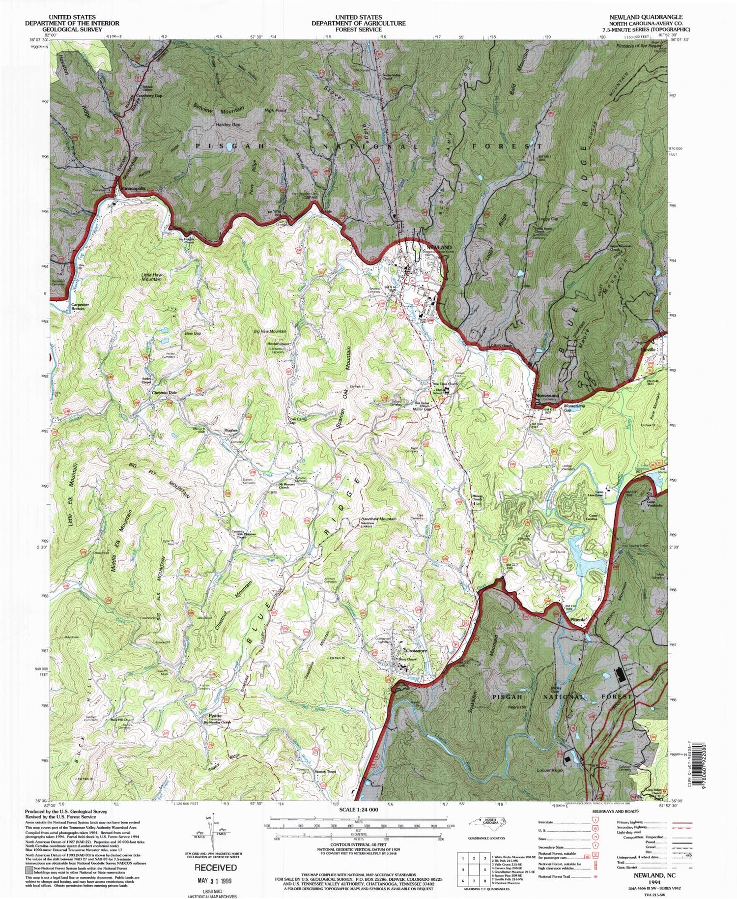Classic USGS Newland North Carolina 7.5'x7.5' Topo Map Image