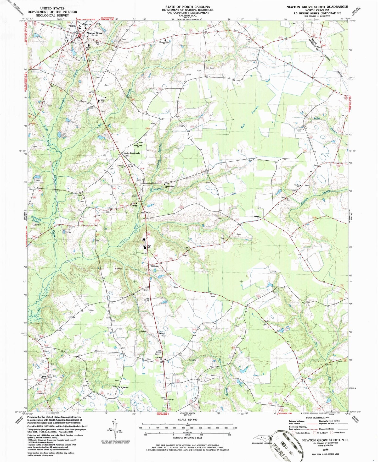 Classic USGS Newton Grove South North Carolina 7.5'x7.5' Topo Map Image