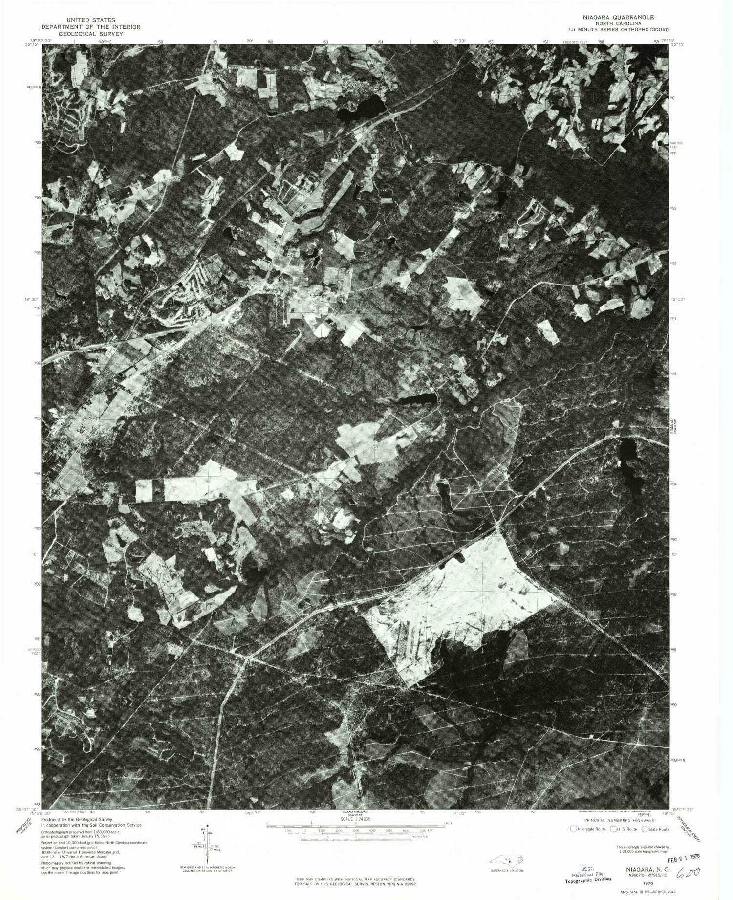 Classic USGS Niagara North Carolina 7.5'x7.5' Topo Map Image
