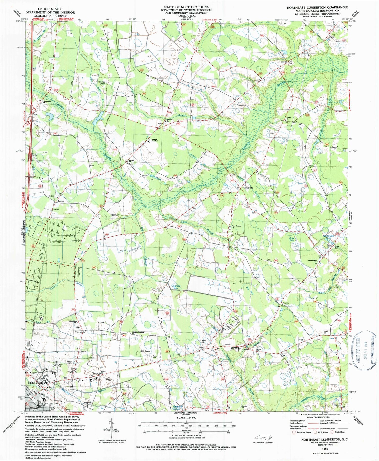 Classic USGS Northeast Lumberton North Carolina 7.5'x7.5' Topo Map Image