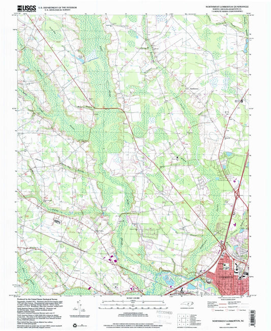 Classic USGS Northwest Lumberton North Carolina 7.5'x7.5' Topo Map Image