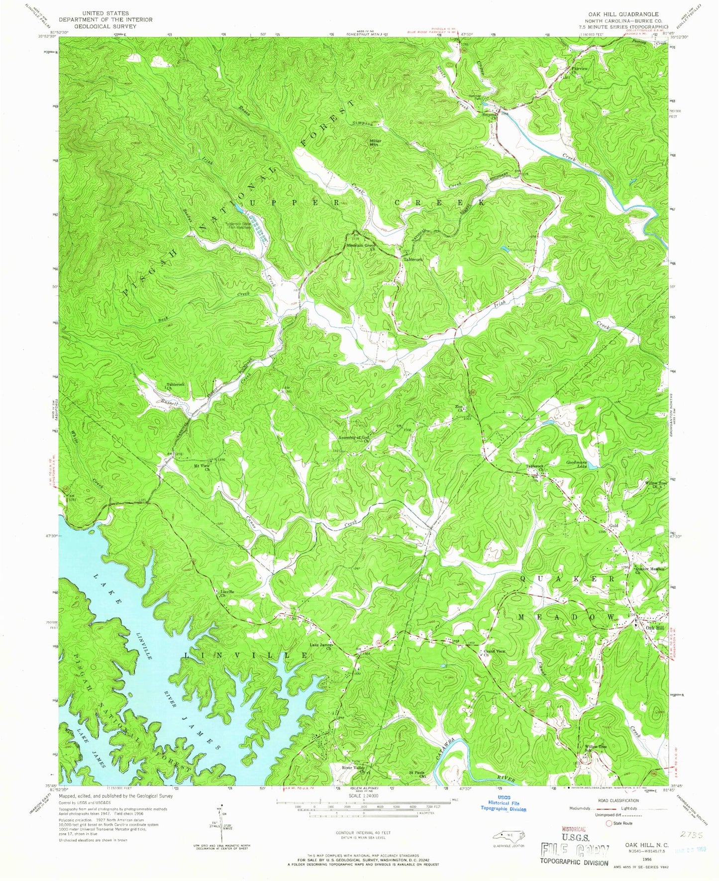 Classic USGS Oak Hill North Carolina 7.5'x7.5' Topo Map Image