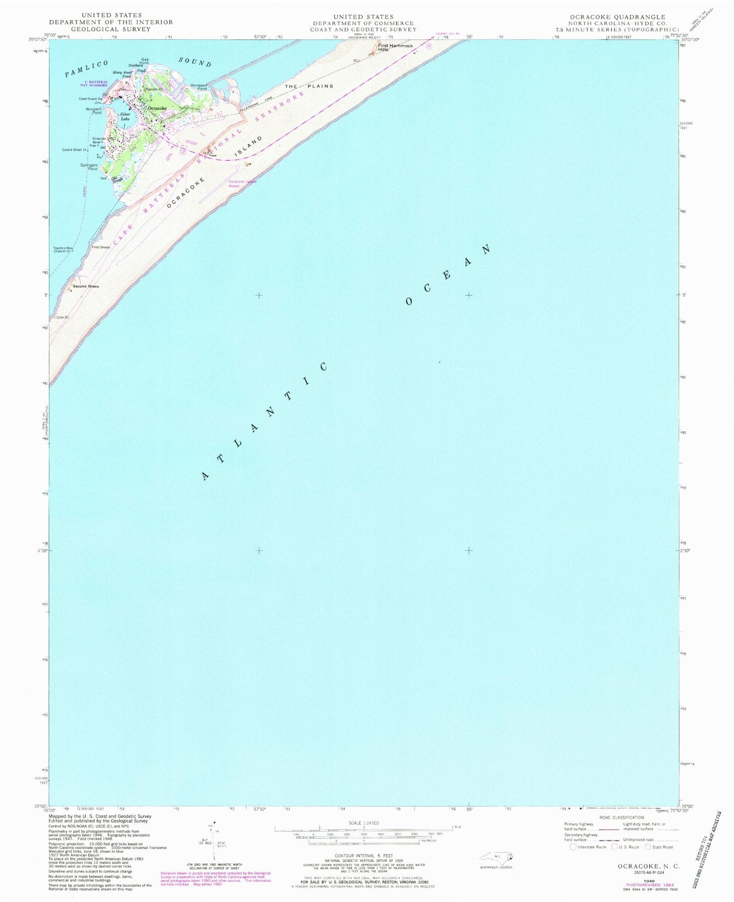 Classic USGS Ocracoke North Carolina 7.5'x7.5' Topo Map Image