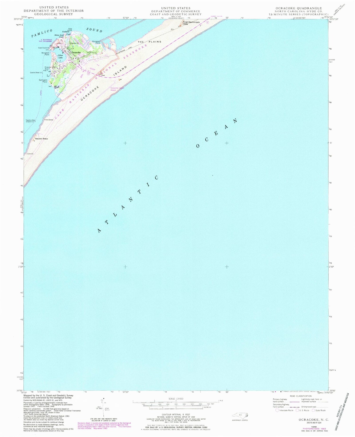 Classic USGS Ocracoke North Carolina 7.5'x7.5' Topo Map Image