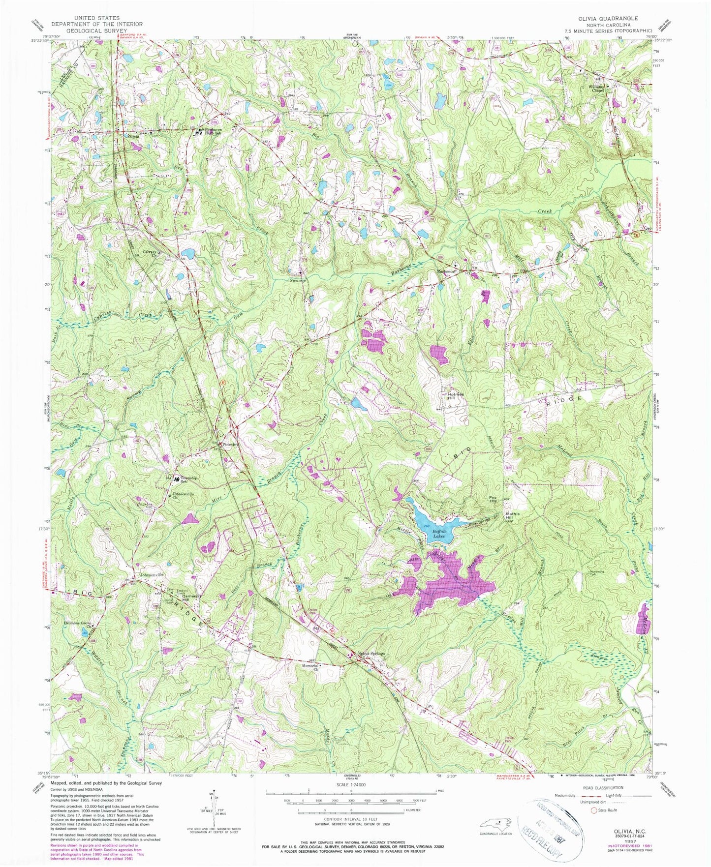 Classic USGS Olivia North Carolina 7.5'x7.5' Topo Map Image