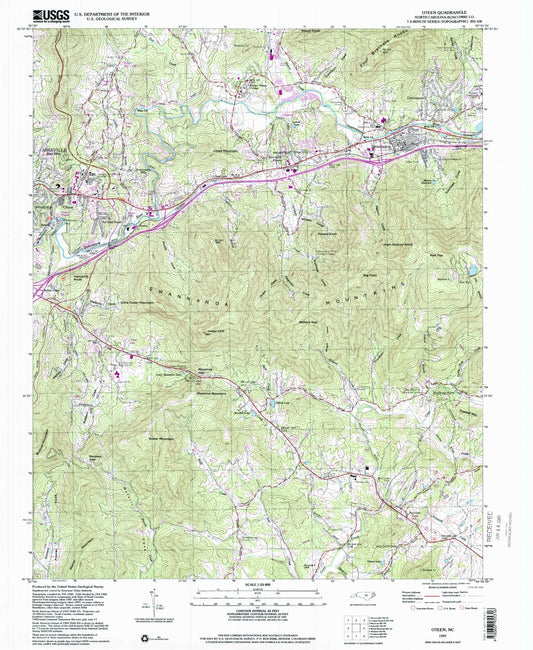 Classic USGS Oteen North Carolina 7.5'x7.5' Topo Map Image