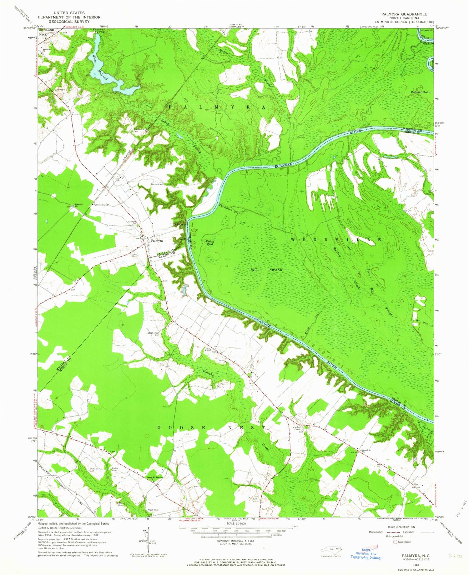 Classic USGS Palmyra North Carolina 7.5'x7.5' Topo Map Image