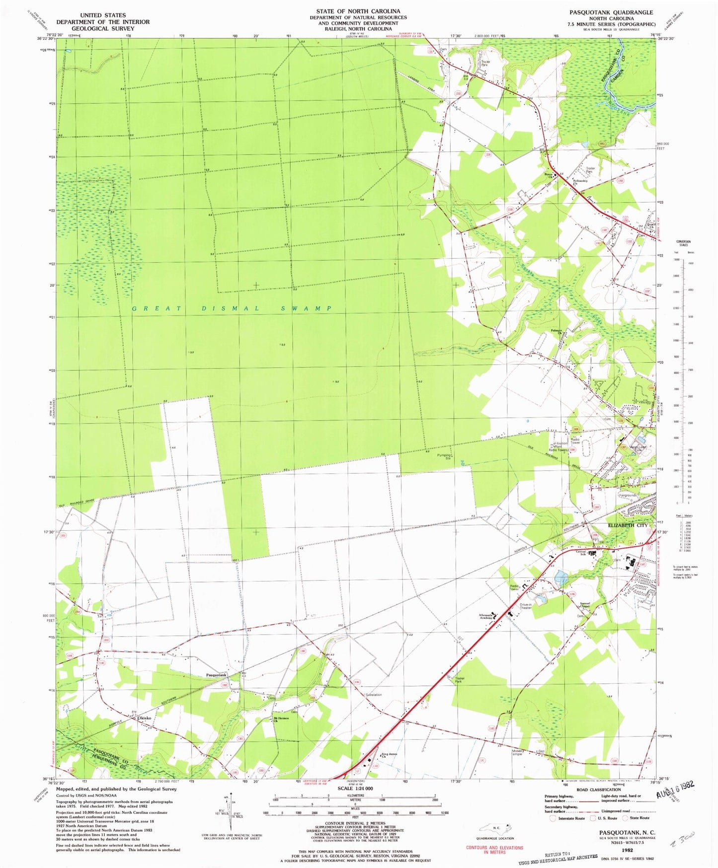 Classic USGS Pasquotank North Carolina 7.5'x7.5' Topo Map Image