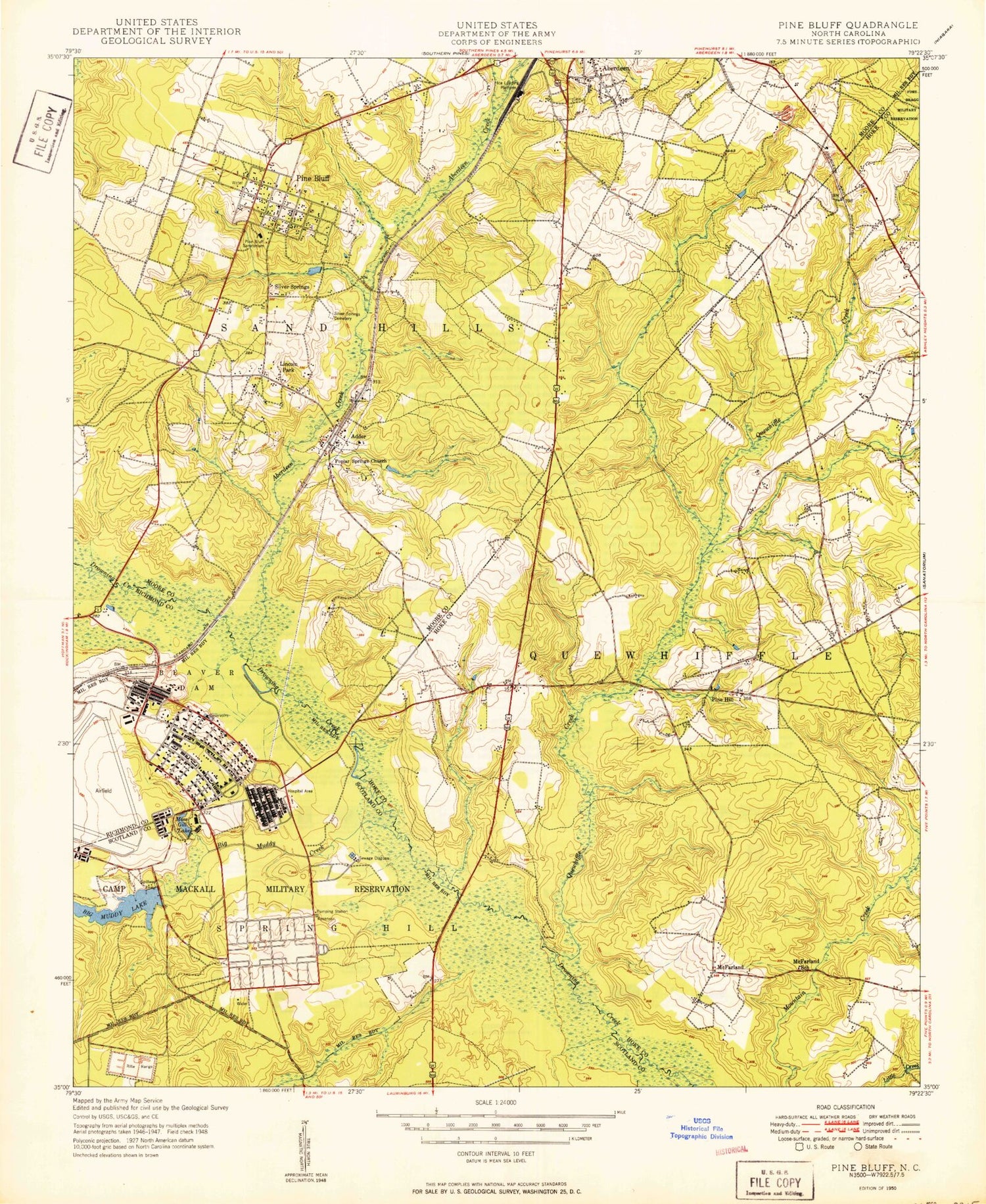 Classic USGS Pinebluff North Carolina 7.5'x7.5' Topo Map Image