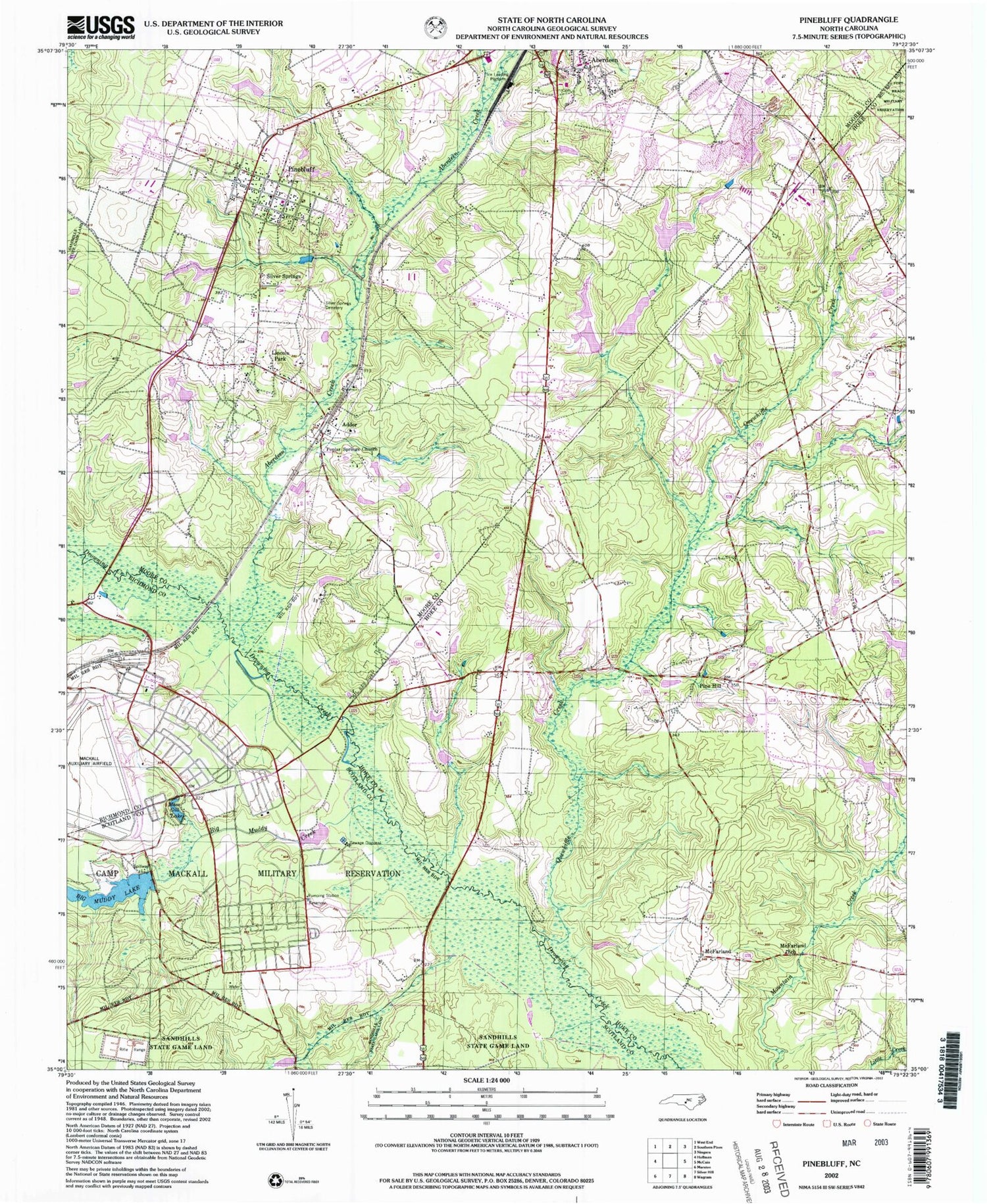 Classic USGS Pinebluff North Carolina 7.5'x7.5' Topo Map Image