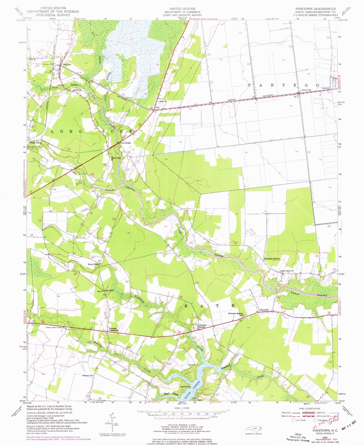 Classic USGS Pinetown North Carolina 7.5'x7.5' Topo Map Image