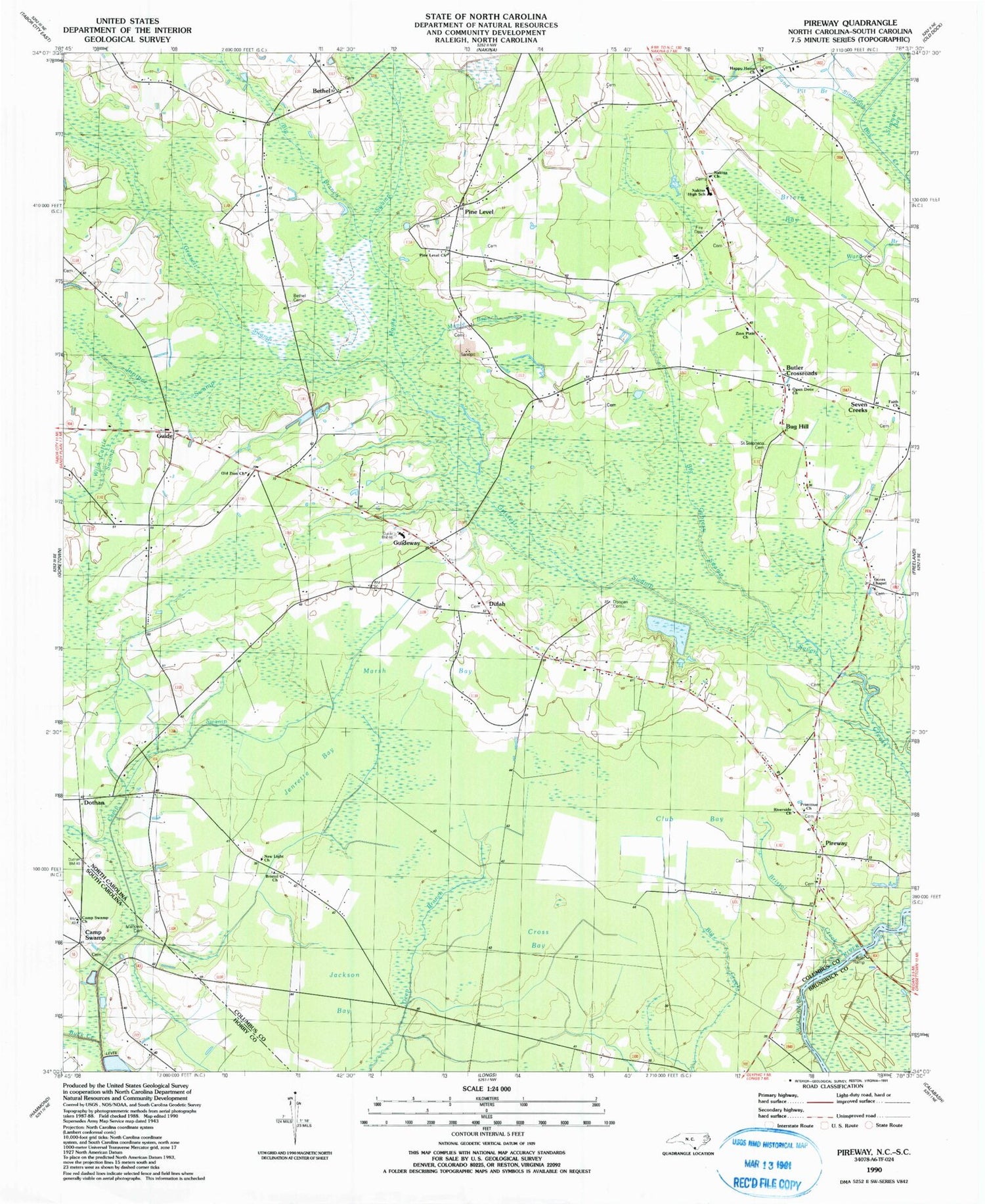 Classic USGS Pireway North Carolina 7.5'x7.5' Topo Map Image