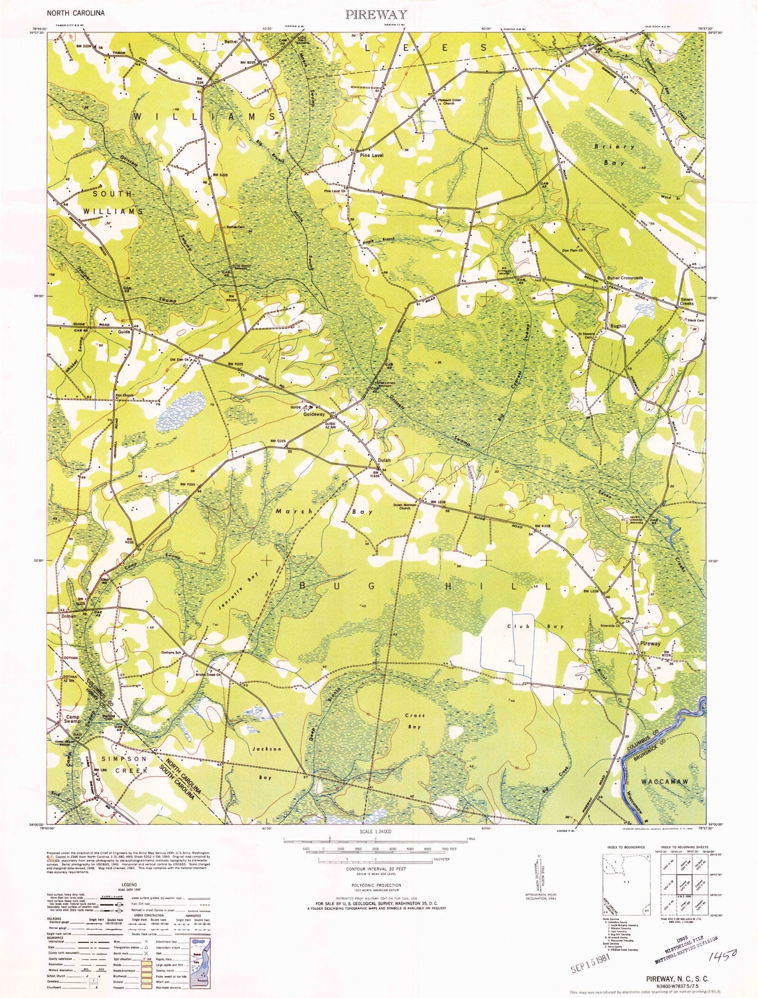 Classic USGS Pireway North Carolina 7.5'x7.5' Topo Map Image