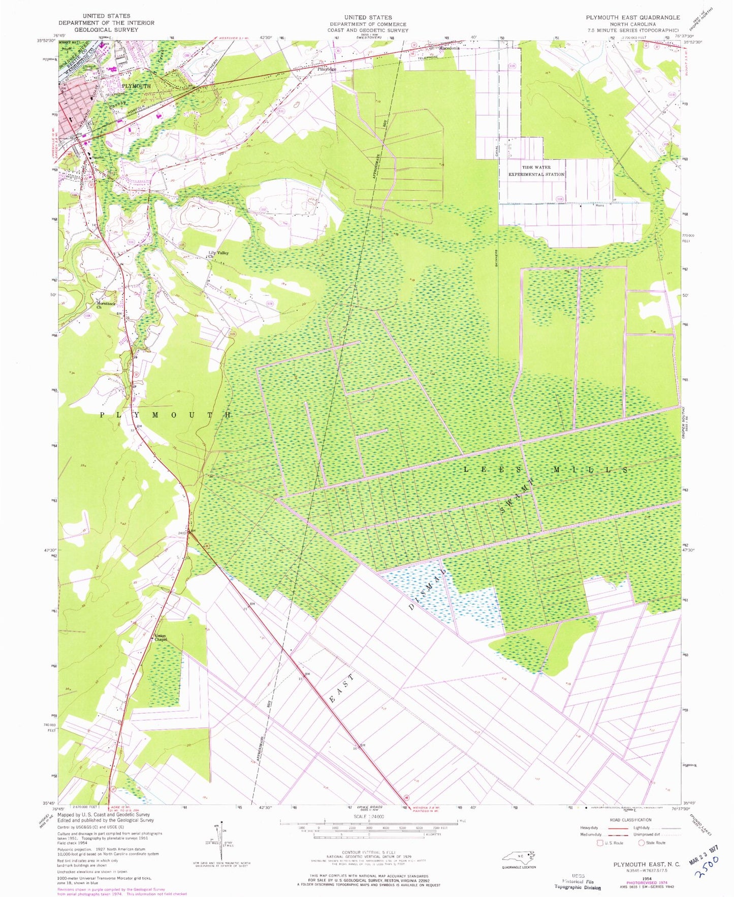 Classic USGS Plymouth East North Carolina 7.5'x7.5' Topo Map Image