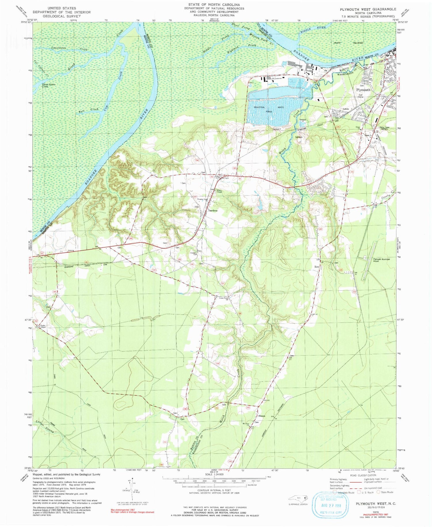 Classic USGS Plymouth West North Carolina 7.5'x7.5' Topo Map Image