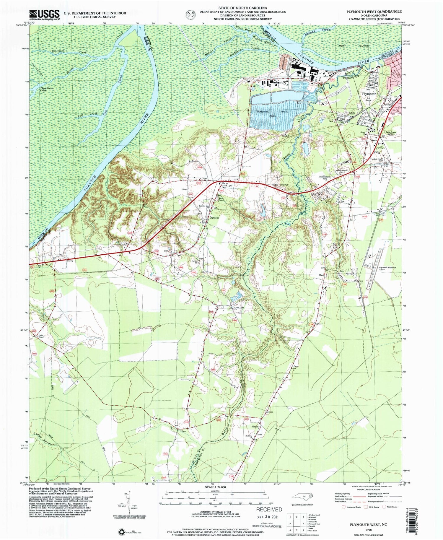 Classic USGS Plymouth West North Carolina 7.5'x7.5' Topo Map Image