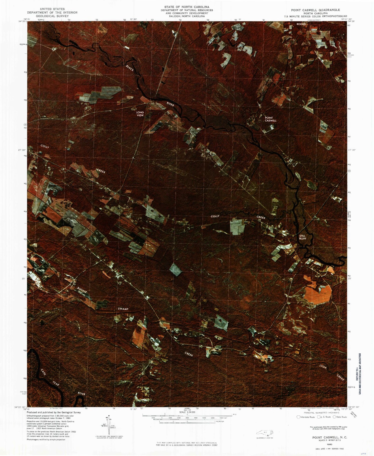 Classic USGS Point Caswell North Carolina 7.5'x7.5' Topo Map Image