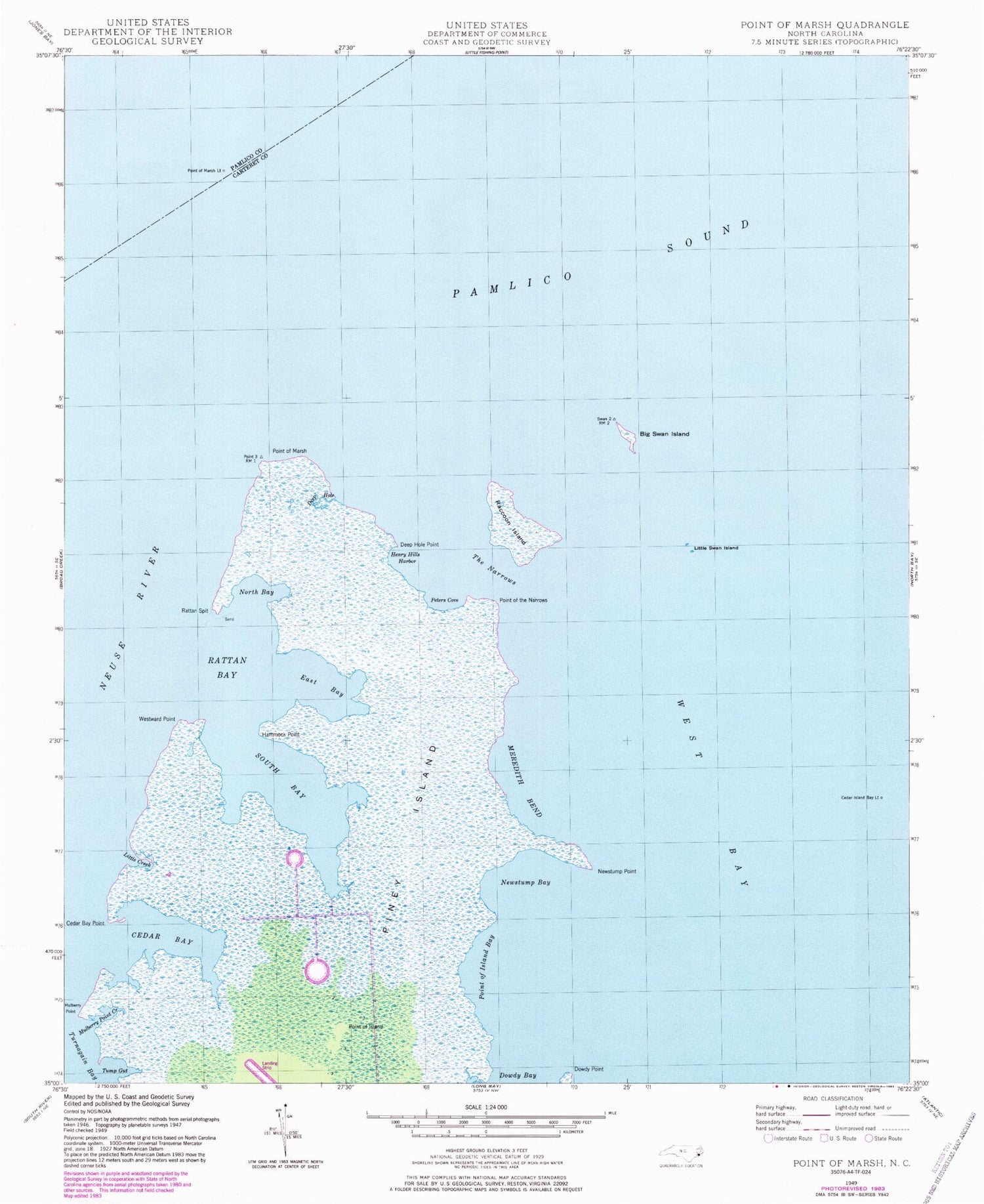 Classic USGS Point of Marsh North Carolina 7.5'x7.5' Topo Map Image