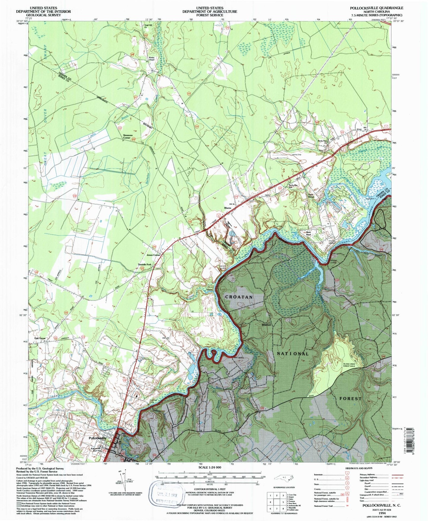 Classic USGS Pollocksville North Carolina 7.5'x7.5' Topo Map Image