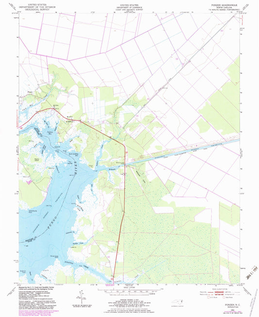 Classic USGS Ponzer North Carolina 7.5'x7.5' Topo Map Image