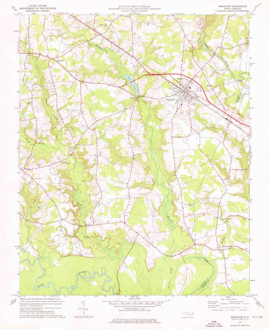 Classic USGS Princeton North Carolina 7.5'x7.5' Topo Map Image