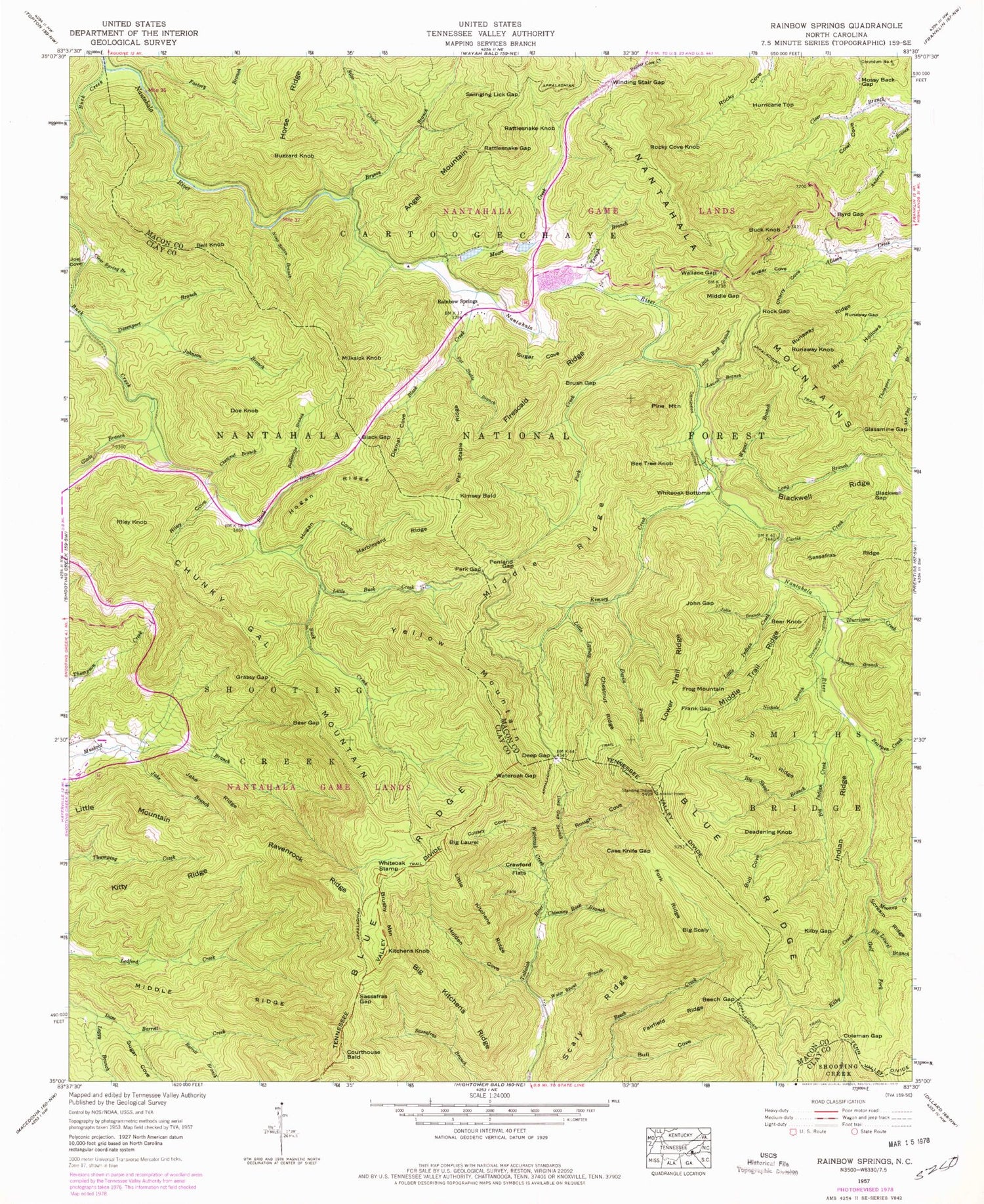 Classic USGS Rainbow Springs North Carolina 7.5'x7.5' Topo Map Image