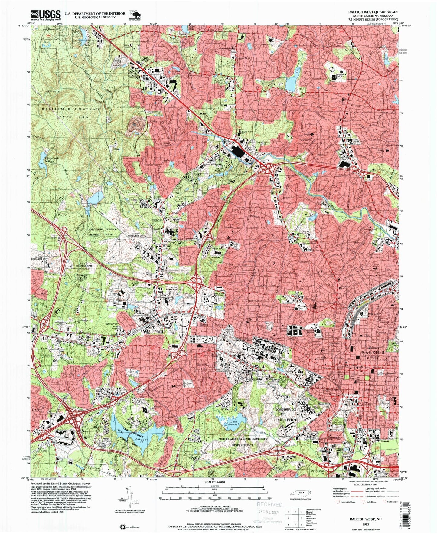 Classic USGS Raleigh West North Carolina 7.5'x7.5' Topo Map Image