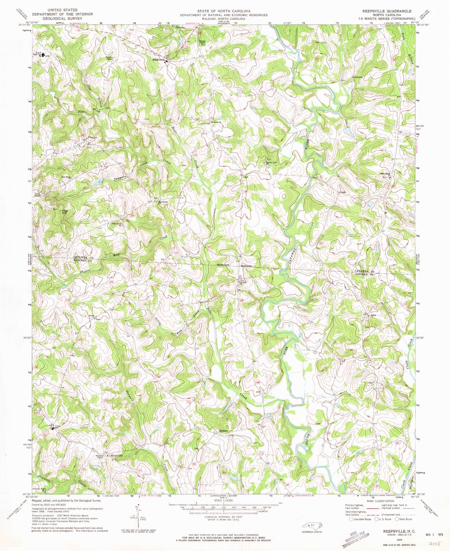 Classic USGS Reepsville North Carolina 7.5'x7.5' Topo Map Image