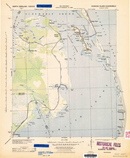Historic 1943 Roanoke Island North Carolina 30'x30' Topo Map Image