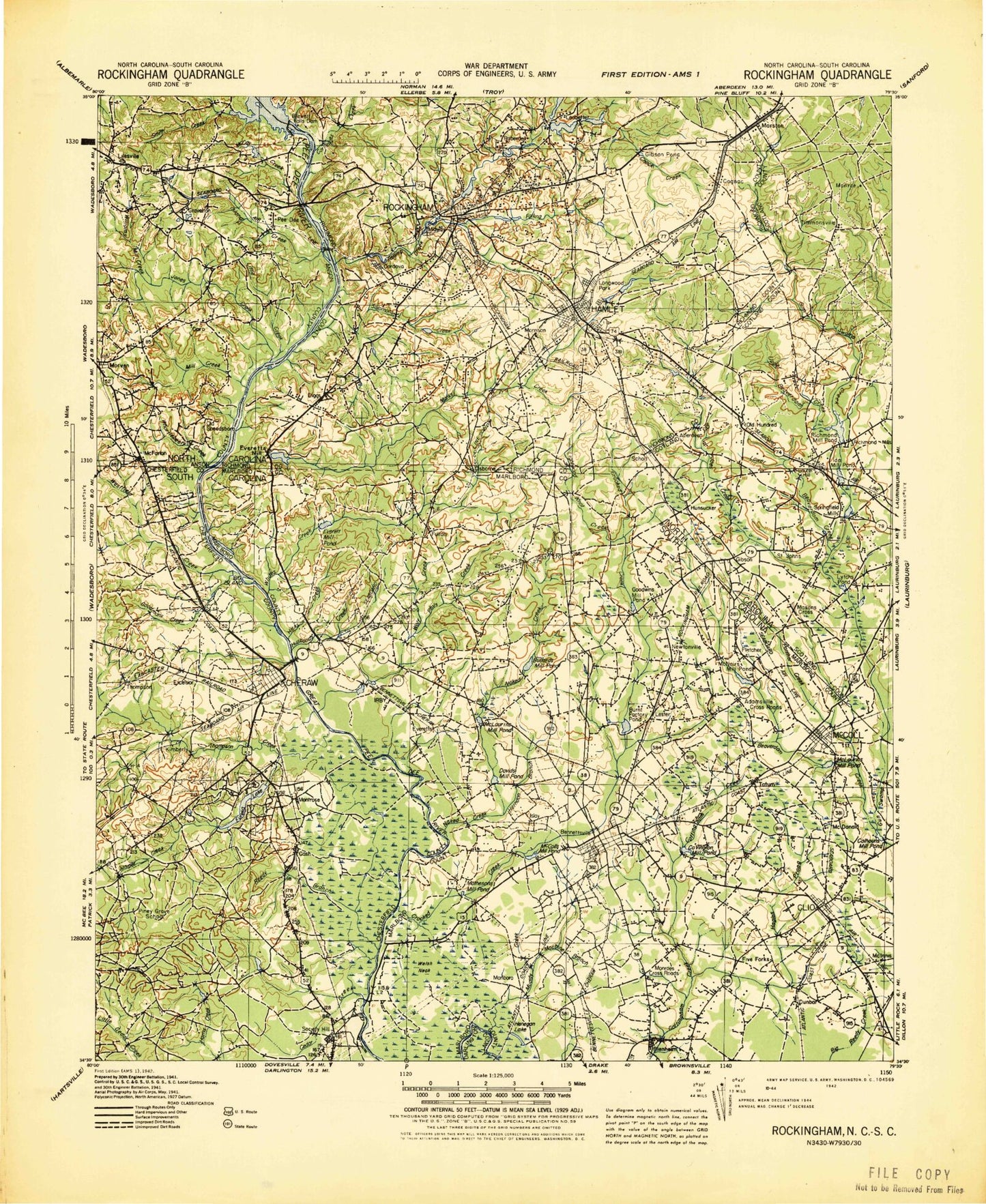 Historic 1942 Rockingham North Carolina 30'x30' Topo Map Image