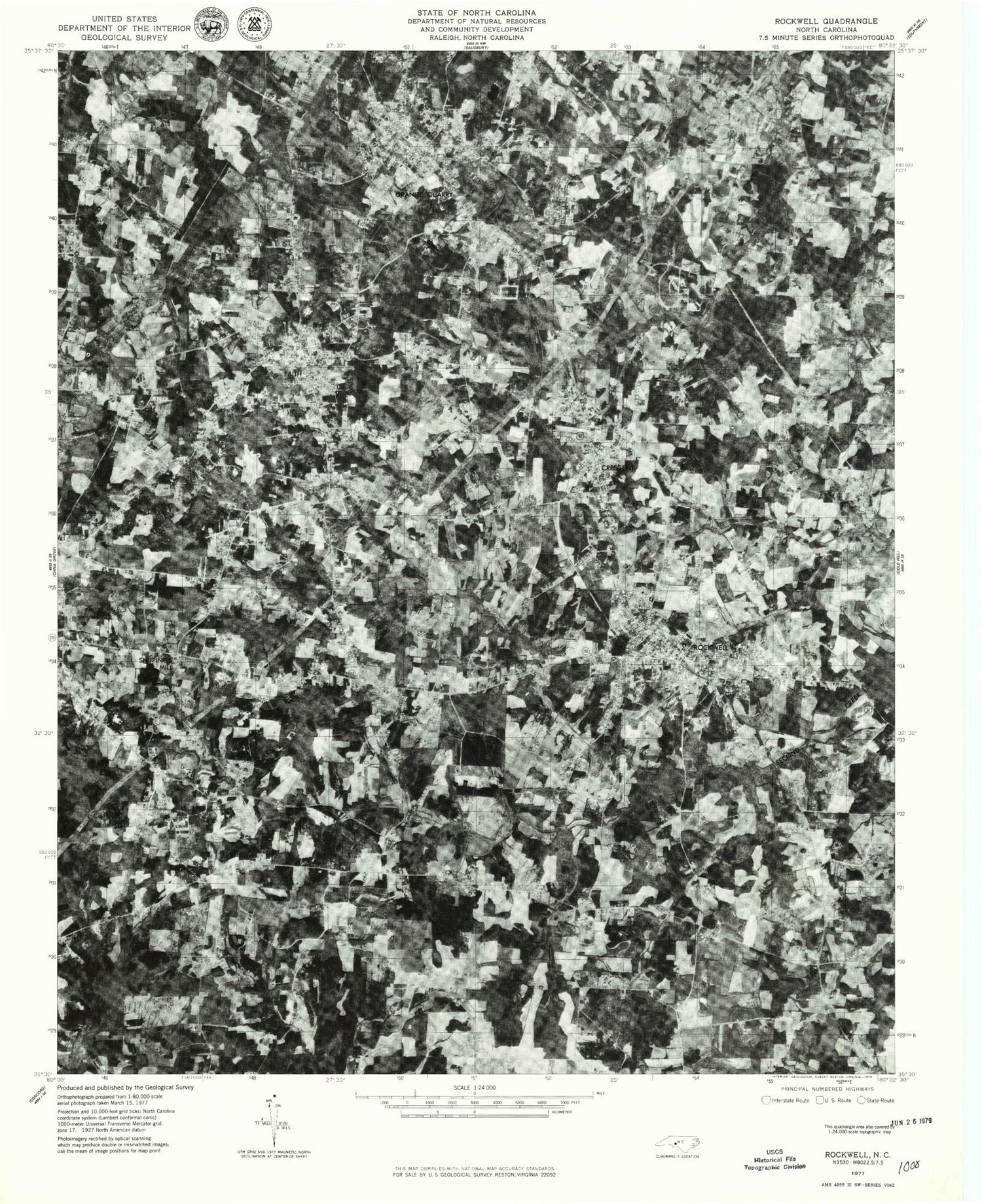 Classic USGS Rockwell North Carolina 7.5'x7.5' Topo Map Image