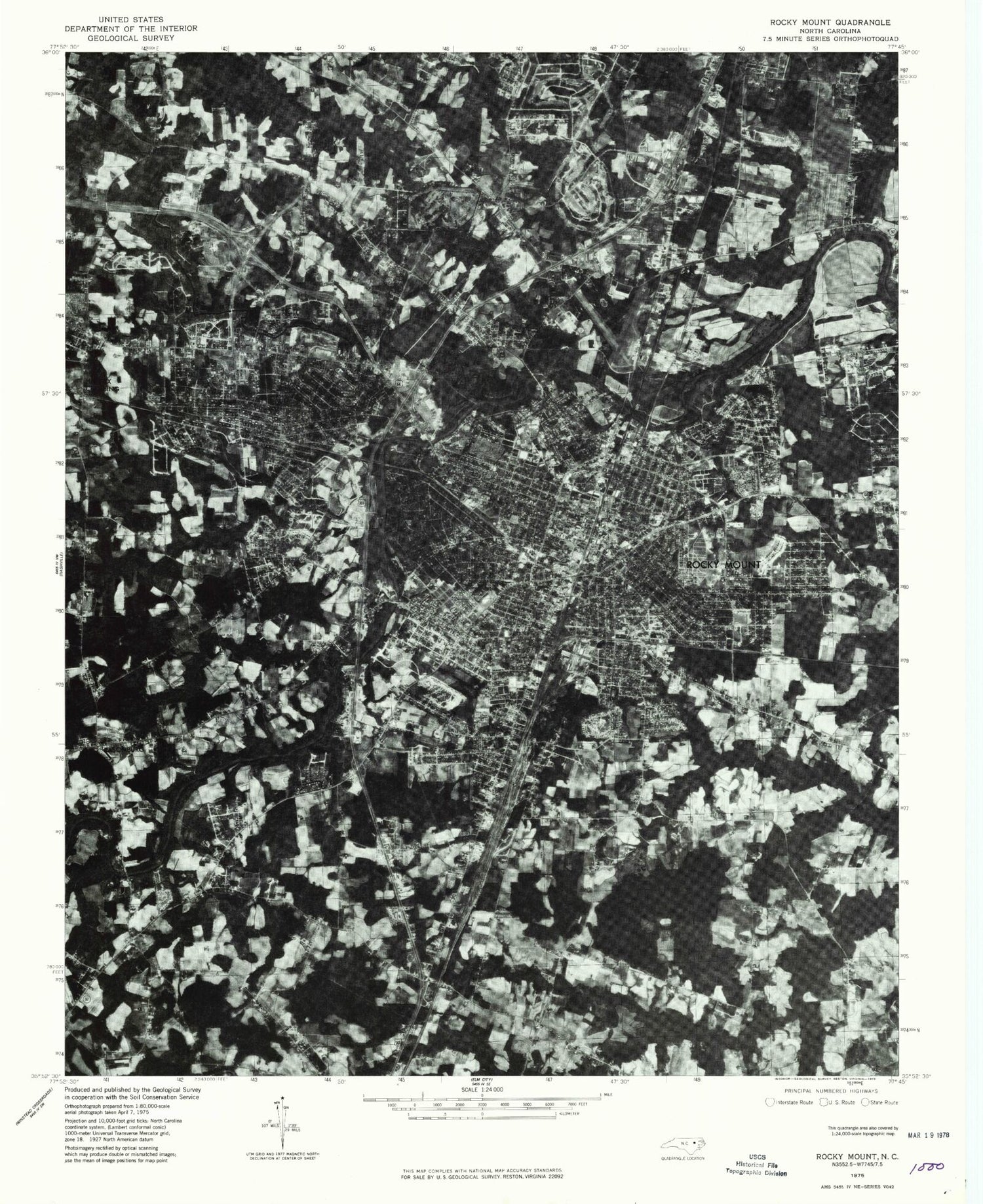 Classic USGS Rocky Mount North Carolina 7.5'x7.5' Topo Map Image