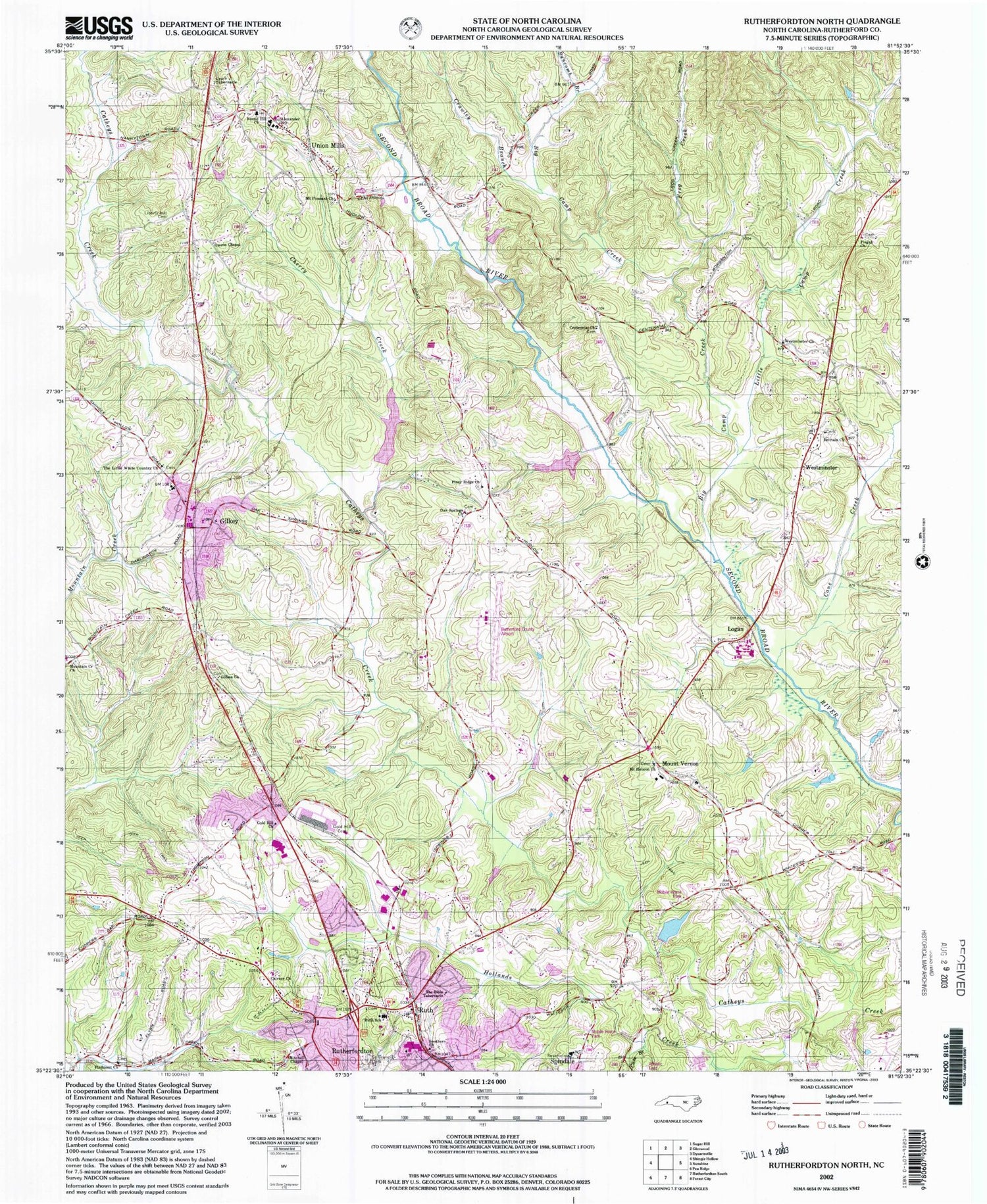 Classic USGS Rutherfordton North North Carolina 7.5'x7.5' Topo Map Image