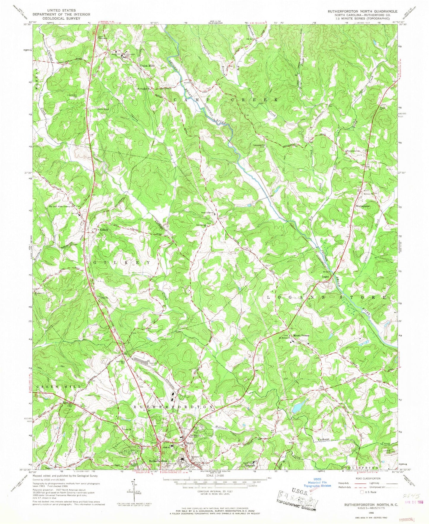 Classic USGS Rutherfordton North North Carolina 7.5'x7.5' Topo Map Image