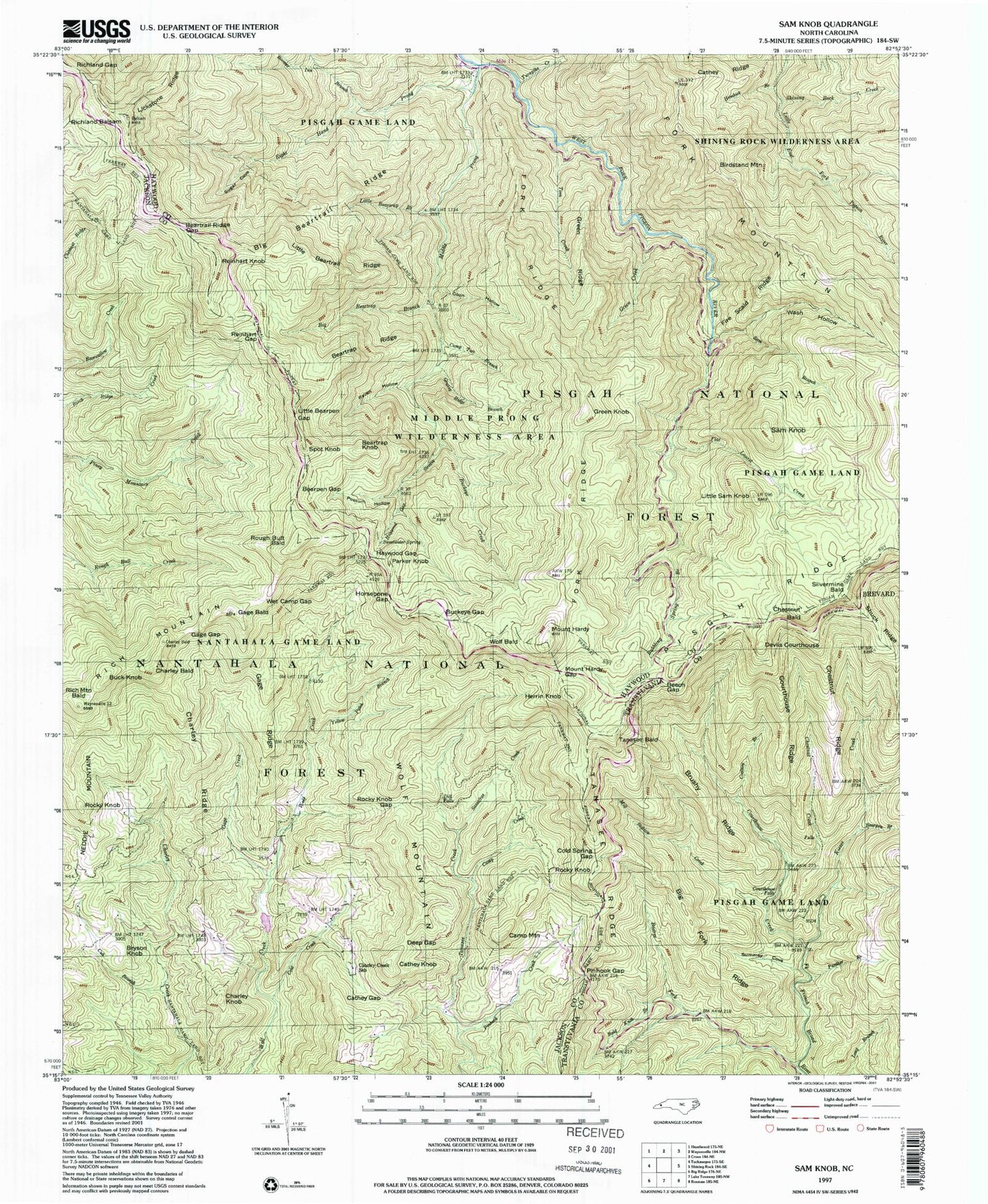 Classic USGS Sam Knob North Carolina 7.5'x7.5' Topo Map Image