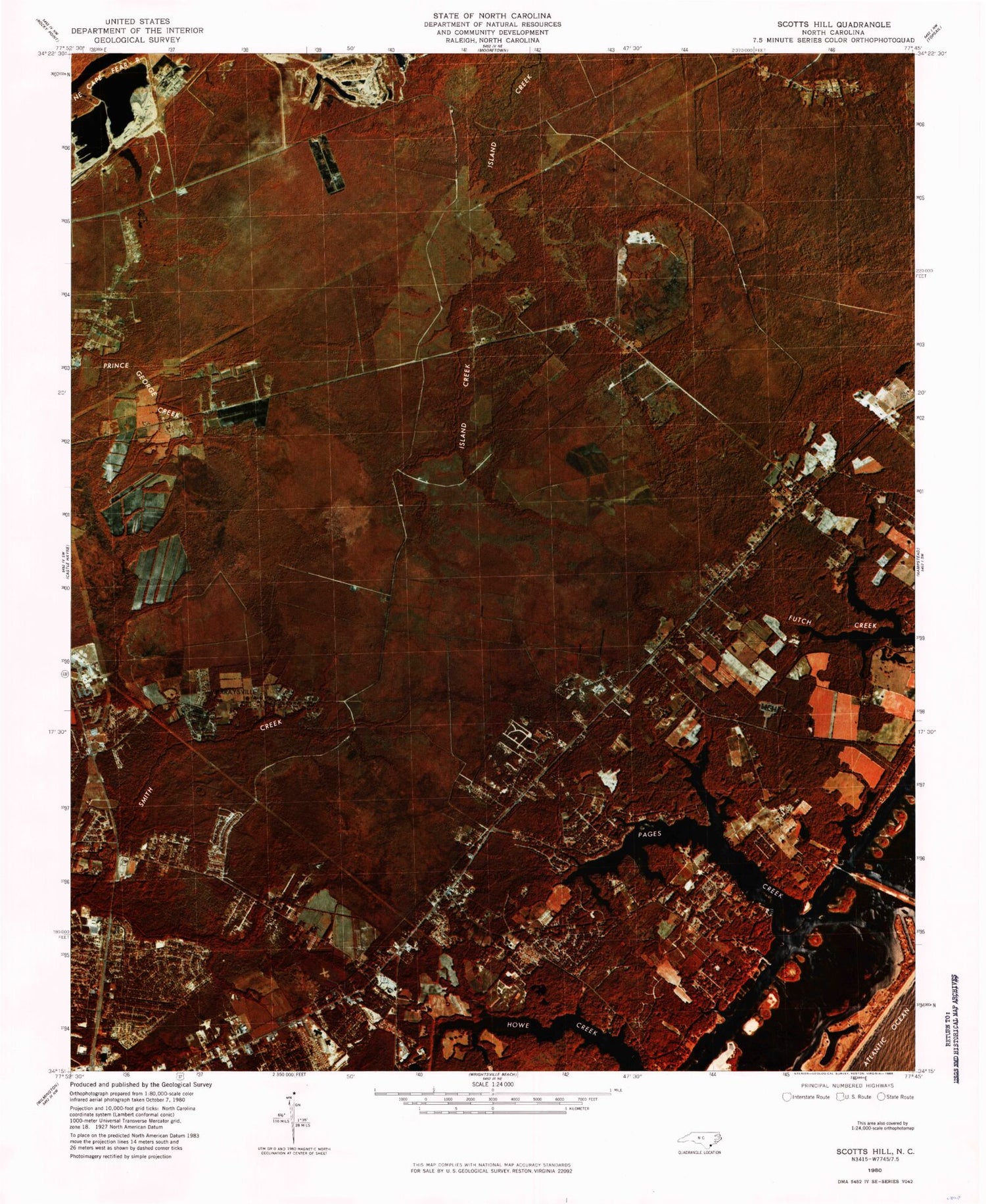 Classic USGS Scotts Hill North Carolina 7.5'x7.5' Topo Map Image