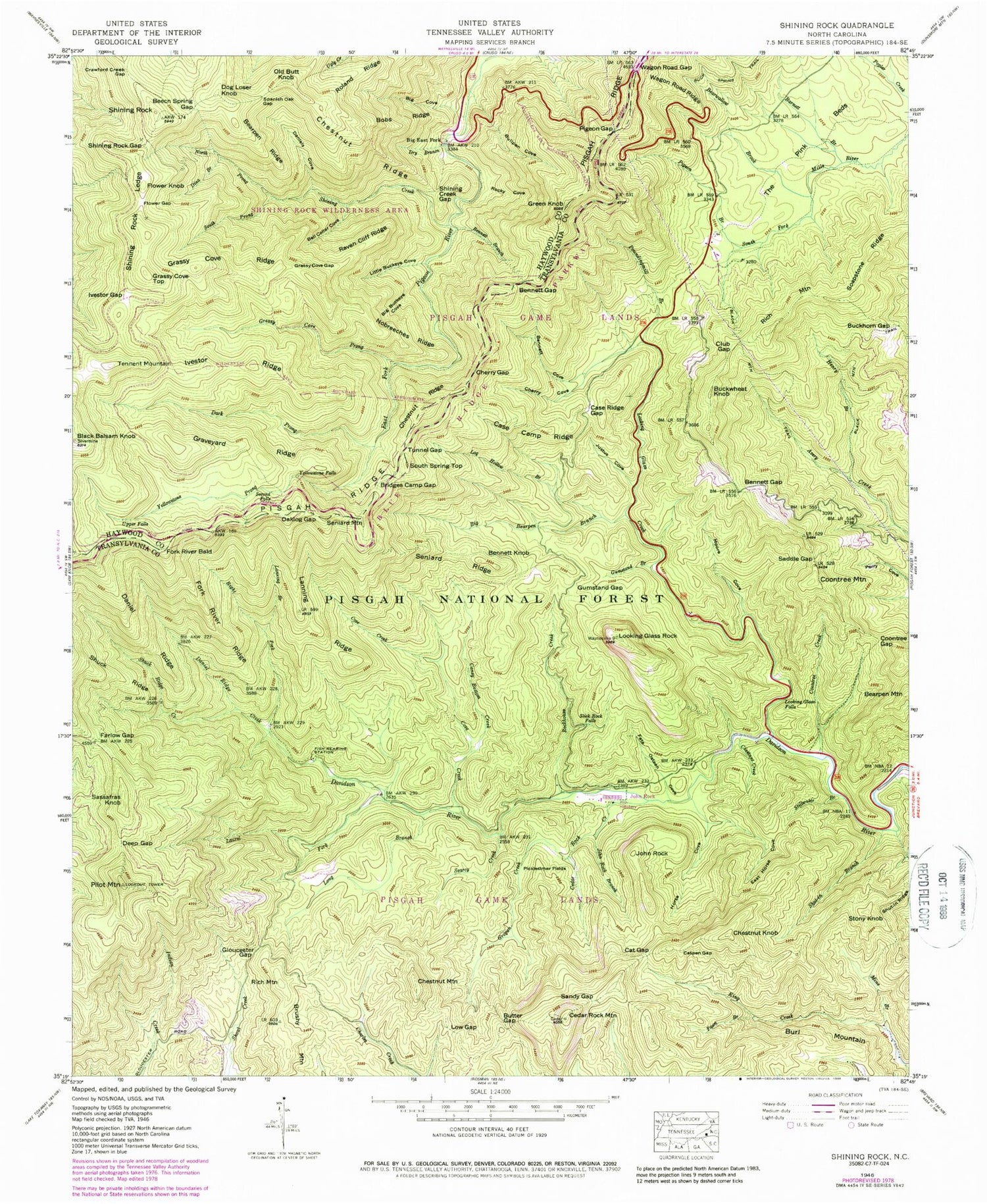 USGS Classic Shining Rock North Carolina 7.5'x7.5' Topo Map Image