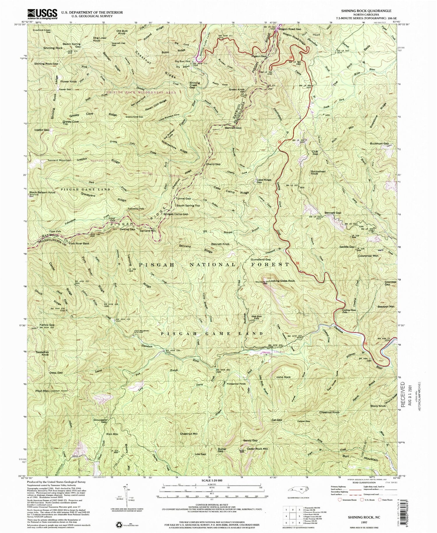 USGS Classic Shining Rock North Carolina 7.5'x7.5' Topo Map Image