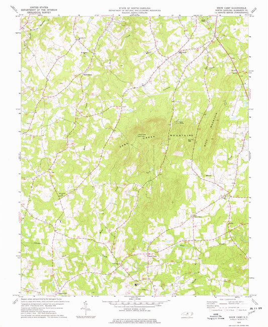 Classic USGS Snow Camp North Carolina 7.5'x7.5' Topo Map Image